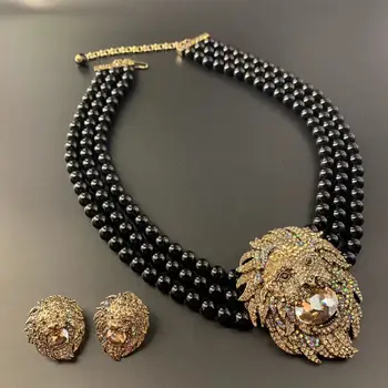 Многослойное черное ожерелье, серьги Kf Label Lion, ювелирные изделия для женщин, тренд 2024 года