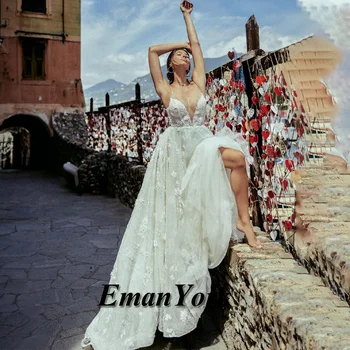 Множество изящных романтических свадебных платьев на тонких бретельках Кружевные аппликации С V-образным вырезом Blossom Vestidos De Novia Свадебное платье на заказ
