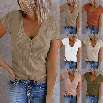 Модная футболка в рубчик женская летняя повседневная однотонная футболка с V образным вырезом и пуговицами, короткий рукав, вязаная повседневная мягкая блузка, топы женские