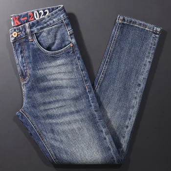 Модные дизайнерские мужские джинсы, высококачественные синие эластичные облегающие винтажные джинсы с вышивкой, мужские повседневные джинсовые брюки Homme
