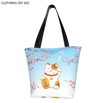 Модные японские сумки-тоут Sakura Maneki Neko для покупок, многоразовая холщовая сумка для покупок Lucky Cat, наплечная сумка для покупок из бакалеи