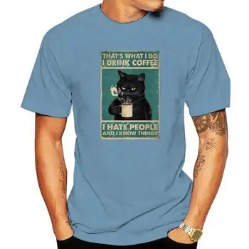 Мужская футболка С забавным котом, пьющим кофе, Повседневная Крутая Свободная мужская футболка с круглым вырезом, Мужские топы, Летняя Модная уличная одежда XS-4XL