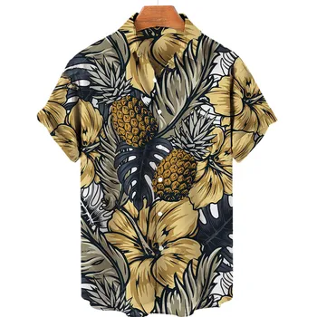 Мужские топы С коротким рукавом Рубашка с лацканами Летняя Гавайская блузка с принтом на пуговицах Модный Повседневный топ Мужская Пляжная одежда для отдыха
