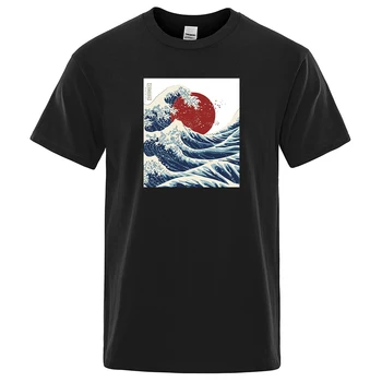 Мужские футболки с принтом Fukushima Sun Waves Ukiyo E, Удобные Свободные Футболки, Модные Дышащие Топы, Винтажные Брендовые Мужские Футболки
