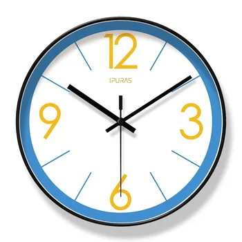 Настенные часы в простом стиле, синие и желтые Цифровые часы, Настенный декор для дома, золотая и черная рамка, Тихое украшение гостиной 2024 года