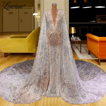 Недорогое Дубайское вечернее платье с пышными рукавами исламской Турецкой женщины 2021 года с жемчугом и кристаллами по Индивидуальному заказу Иллюзионные Вечерние платья знаменитостей