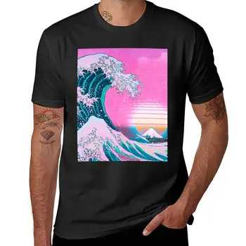 Новая эстетическая Vaporwave Футболка Great Wave Off Kanagawa Retro Sunset, спортивные рубашки, футболка с коротким рукавом, мужская футболка