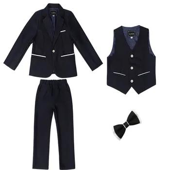 Новейшие дизайнерские черные милые детские костюмы, модный комплект детской одежды, строгий классический блейзер для мальчиков с цветами (куртка + брюки + галстук-бабочка + жилет)