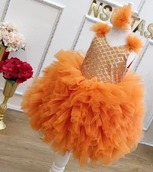 Новое оранжевое пушистое платье для маленьких девочек длиной до колен, платье принцессы без рукавов с круглым вырезом, платье для дня рождения, новое детское праздничное платье на заказ