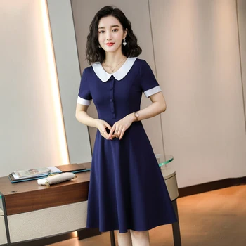 Новые летние модные женские платья 2023 года с коротким рукавом для работы в офисе, женские платья трапециевидной формы в стиле OL, темно-синие