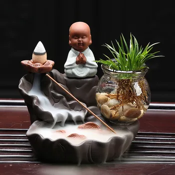 Новый маленький Будда, рыбка из пруда с лотосом, водопад, курильница с обратным потоком, стеклянная ваза, зеленое растение, украшения для домашнего декора, настольный бонсай