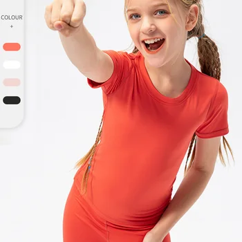 Новый стиль, детские спортивные топы с коротким рукавом, удобные для кожи, дышащие, для занятий танцами и йогой, детские футболки