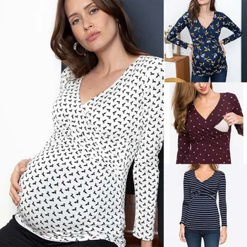 Одежда для беременных, V-образный вырез, крест, длинный рукав, одежда для кормления грудью, футболка для беременных, удобная и приятная для кожи