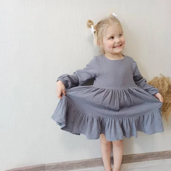 Осенняя хлопчатобумажная детская одежда, платье с длинными рукавами для маленьких девочек, двойная газовая одежда для маленьких девочек, муслиновое детское платье в деревенском стиле серого цвета 80-130