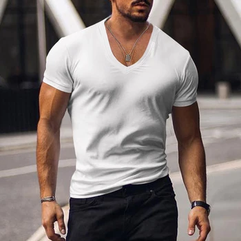Повседневная футболка с коротким рукавом и V-образным вырезом, мужская летняя мода, однотонная Простая базовая футболка для мужской одежды, свободного покроя, уличной одежды