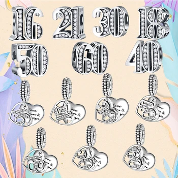 Подвески из стерлингового серебра 925 пробы BAMELA с цифрами в виде сердца на арабском языке 16 18 21 30 40 Бусин для оригинального браслета-подвески, ювелирного подарка на годовщину