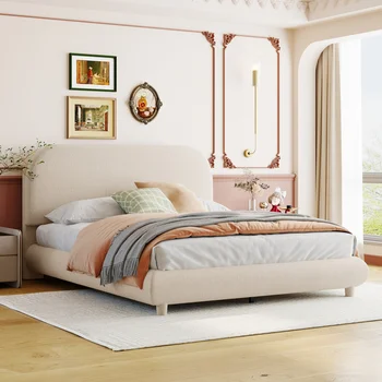 Полноразмерная Кровать-платформа, обитая Плюшевым Флисом, с Толстой Тканью и Прочным Каркасом, Стильная кровать изогнутого Дизайна, для подростков и взрослых