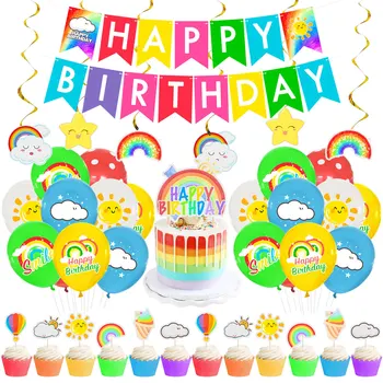 Радужные красочные украшения для вечеринки по случаю Дня рождения, воздушные шары с Днем рождения, баннер, топперы для торта, завитки, принадлежности для вечеринки, декор 40ШТ.