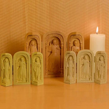 Резьба по дереву Diyalo Святой Иосиф Статуя Девы Марии Иисуса Католические святые реликвии Семейная статуэтка Открывающаяся коробка Декор Часовня Орнамент