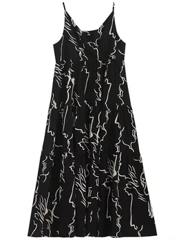 Ретро платье миди трапециевидной формы с большими колебаниями, женское абстрактное платье на подтяжках с цветочным узором