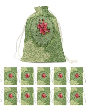 Рождественский зеленый узор Пуансеттия, сумка для конфет, подарочная сумка для Санта-Клауса, сумка на шнурке, рождественские украшения для дома, держатели подарков