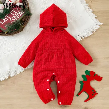 Рождественский комбинезон с капюшоном для мальчиков и девочек, осенне-зимний комбинезон с красными карманами для малышей, одежда для маленьких девочек, размер одежды 5
