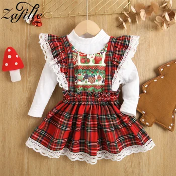Рождественский комплект для девочек ZAFILLE, однотонный топ + кружевное платье в клетку на бретельках, праздничный детский костюм, Милая детская одежда для девочек, фестивальная верхняя одежда для младенцев
