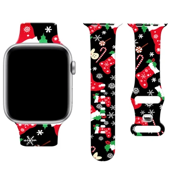 Рождественский Силиконовый ремешок с принтом для Apple Watch Ultra 49 мм Браслет для iWatch серии 9 8 7 41 мм 45 мм 6 5 4 se 3 40 мм 44 мм 42 мм