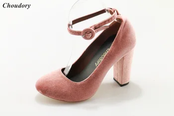 розовая бархатная женская обувь на высоком массивном каблуке, туфли для вечеринок на высоком массивном каблуке с пряжкой