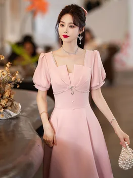 Розовое атласное вечернее платье с квадратным вырезом и бантом во французском стиле, вечерние платья, расшитые бисером, Пышное выпускное платье чайной длины с коротким рукавом