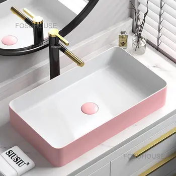 Розовый умывальник Прямоугольные раковины для ванной комнаты домашний Одиночный умывальник Небольшого размера Круглые раковины для ванной комнаты Скандинавские кухонные мойки
