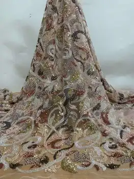 Роскошная Золотая Африканская кружевная ткань 2024 года, Высококачественная ткань с бисером и пайетками, Французское Нигерийское шитье, Свадебная ткань для новобрачных, 5 ярдов