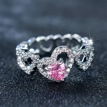 Роскошное Женское Кольцо с розовым цирконом, Модные Обручальные кольца в виде сердца серебристого цвета Для женщин, Милые Свадебные украшения для невесты, Подарок