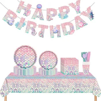 Русалочка для вечеринки, одноразовая посуда, Бумажная тарелка, чашка, Салфетка, скатерть, детские принадлежности для украшения дня рождения русалки