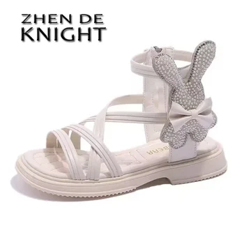 Сандалии для девочек 2023, Летние детские римские туфли, Милые сандалии принцессы с кроликами для девочек, Детская пляжная обувь на мягкой подошве
