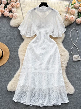 Свадебные летние кружевные белые платья для женщин с вышивкой, выдолбленные рукава в виде листьев Лотоса, вечернее длинное платье Vestido