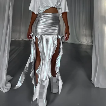 Светоотражающая Асимметричная юбка из искусственной кожи, женская Мода 2024, Тонкая Длинная юбка с оборками и кисточками, Y2k, Сексуальные черные облегающие юбки Миди
