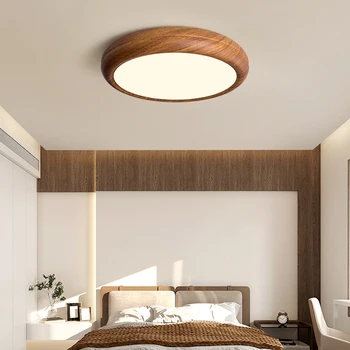 Современный потолочный светильник с круглым кольцом для спальни гостиной коридора детской комнаты, имитирующий люстру из дерева, светодиодная подсветка цвета грецкого ореха