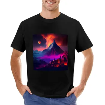 Средневековый фантастический город в кратере вулкана, футболка с котом, футболки, футболка для мужчин
