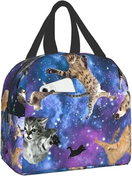 Сумка для ланча с карманом для подростка Funny Galaxy Space Cat, изолированный ланч-бокс, термозащитная сумка многоразового использования