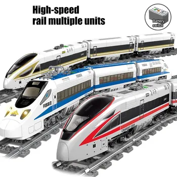 Технический современный высокоскоростной поезд с электрическим приводом, строительные блоки, городская железная дорога, батарейный мотор, кирпичи, детские развивающие игрушки