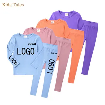 Удобные хлопчатобумажные трикотажные пижамы для маленьких девочек, 2 предмета, детский однотонный пижамный комплект, добавьте свой дизайн логотипа.