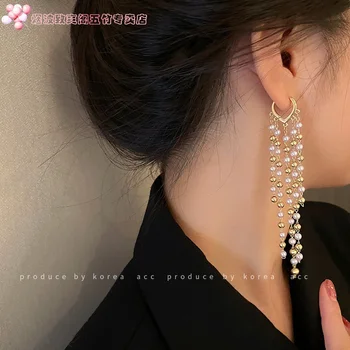 Ушная кнопка с жемчужной кисточкой модные длинные тонкие винтажные серьги южнокорейской сети red style универсальные серьги-индивидуальности