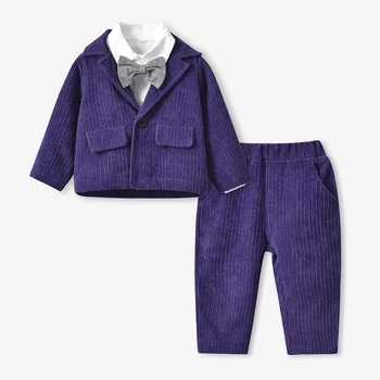 Фиолетовый детский костюм с длинным рукавом для маленьких мальчиков, Белая рубашка + пальто + брюки, комплекты из 3 предметов, одежда для свадьбы, Дня рождения