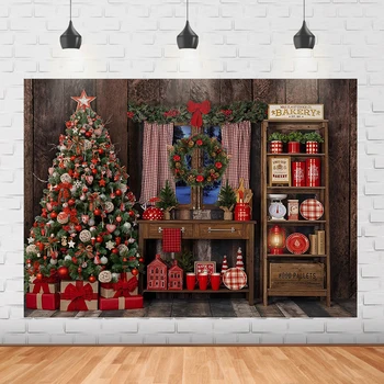 Фон для фотосъемки Рождественской пекарни Рождественская елка украшения для рождественской вечеринки для новорожденных подарки, гирлянды фон для деревянной доски