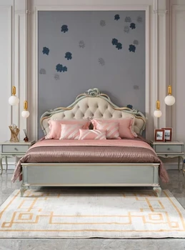 Французская светлая роскошная кожаная кровать из массива дерева главная спальня 1,8 метра двуспальная кровать с мягкой спинкой простая мебель в европейском стиле