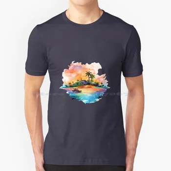 Футболка с акварелью Sunset Fishing Boat Tropical Island, футболка из 100% хлопка, футболка с акварелью Sunset Fishing Boat Tropical Island, Пальма