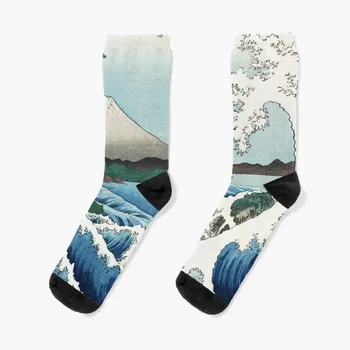 Хиросигэ в море у берегов Сатты, Япония, с вулканом, разбивающимися волнами и рыбаками от японского художника укие-э nature vintage wat Socks