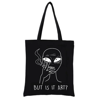Художественная сумка-тоут с изображением любителя курения инопланетянина, сумки для покупок с внеземным принтом, женские сумки, Модная сумка для покупок, Забавная сумка для покупок