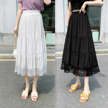 Черно-белая юбка миди в стиле пэчворк TingYiLi с кружевом, летняя женская юбка с завышенной талией, юбка трапециевидной формы для школьниц в корейском стиле для девочек
